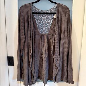 Grey Open Knit Cardigan with Lace Design
